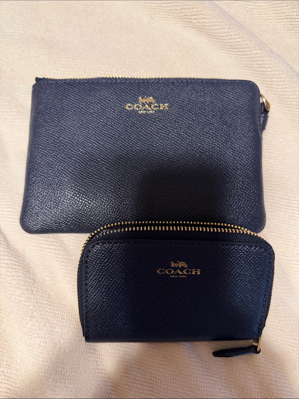 Coach Navy Pebbled Leather Zip Pouch and Small Zip Wallet